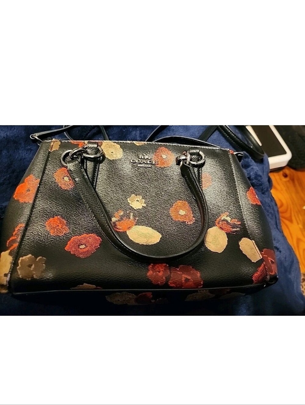 COACH Black Leather Satchel with Orange & Cream Floral Print - Picture 4 of 6